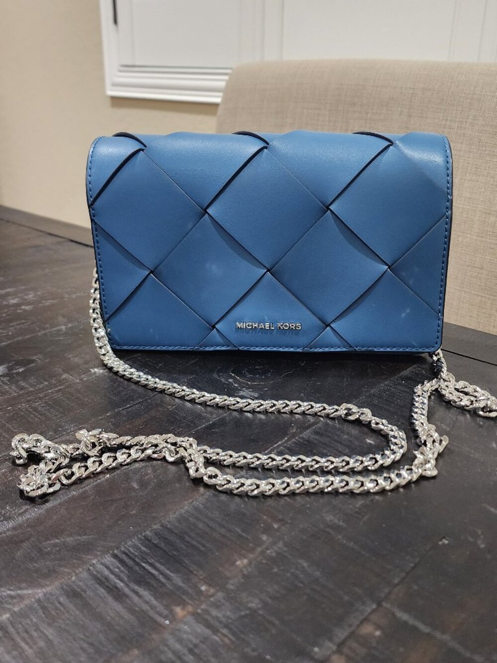 BNWT-MICHAEL KORS JET SET MEDIUM WOVEN LEATHER CROSSBODY BAG-DARK CHAMBRAY COLOR